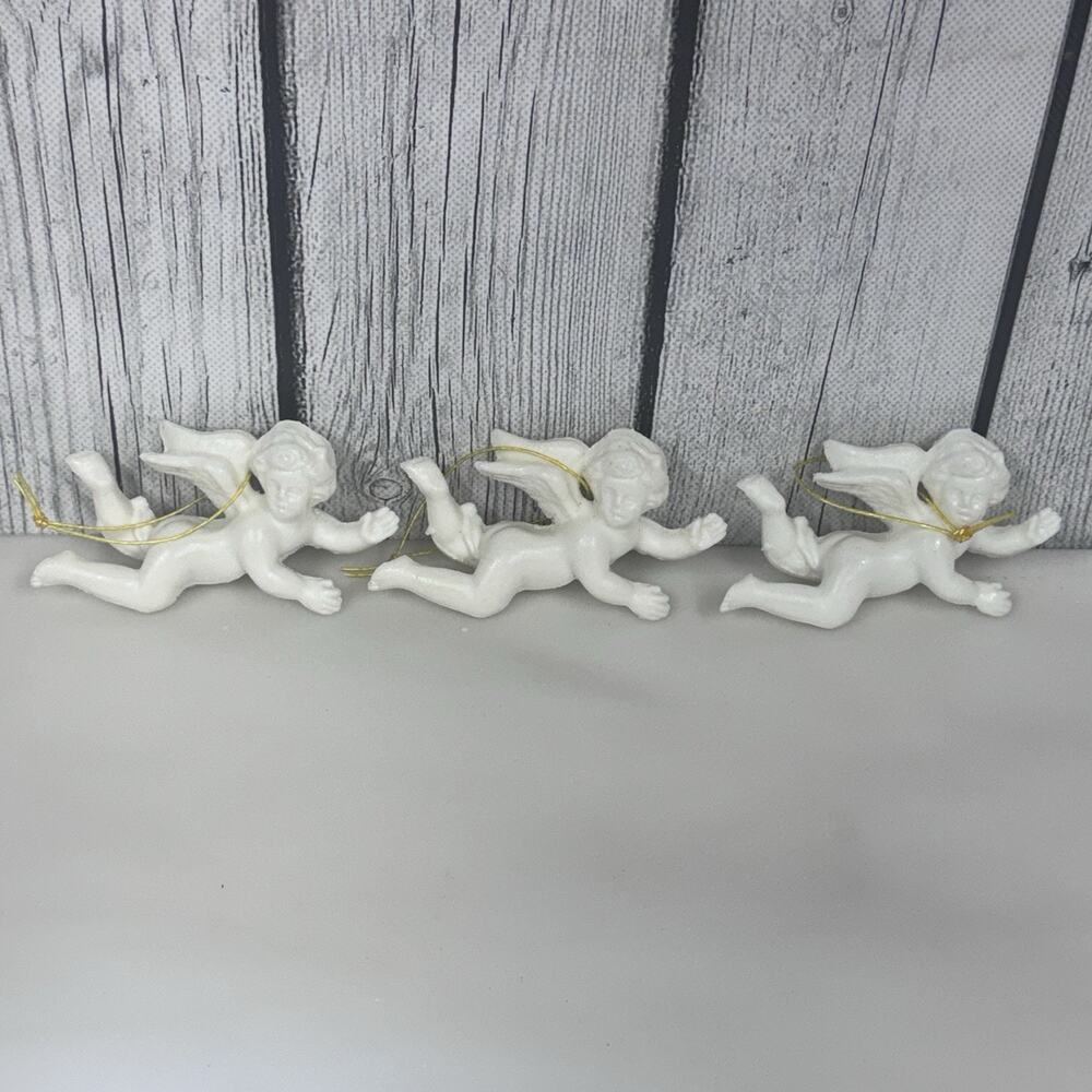 3 Vintage Cherub Angel Ornaments White Plastic Christmas Valentines Day Holiday
